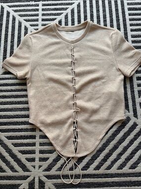 Beige Lace-Front Knit Top